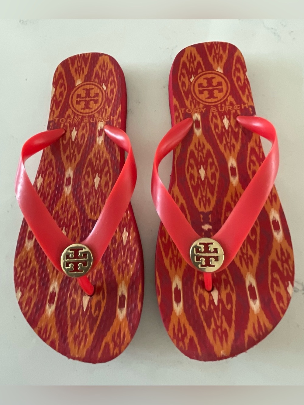 Tory Burch Red and Orange Pattern Flip Flop, Size 6